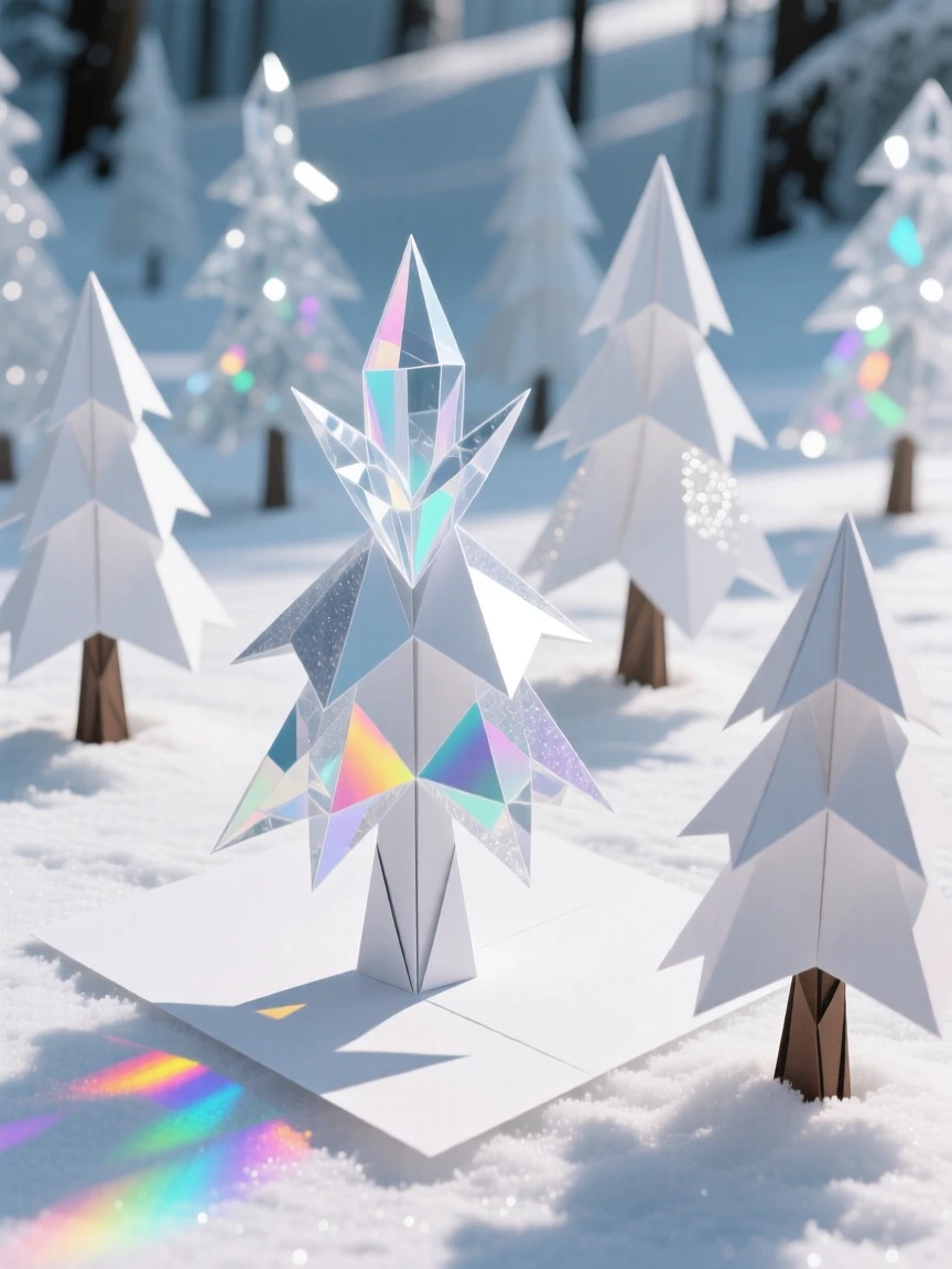 A crystal forest where each tree refracts rainbow light across a snowy clearing.