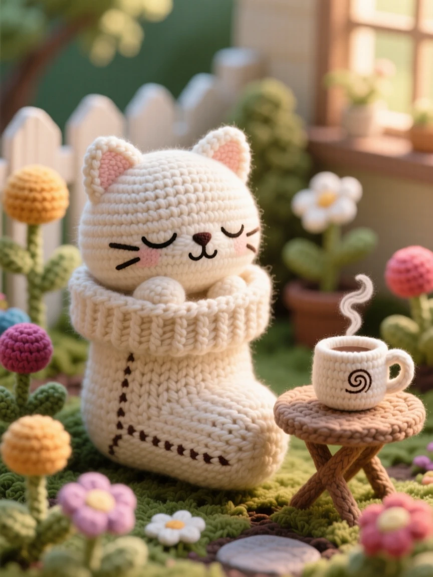 a sleepy kitten in a knitted stocking, peeking out with drowsy eyes, curling up for an afternoon nap, in a small backyard garden in the late afternoon, with a steaming mug resting on a small table nearby, radiating quiet, unhurried domestic peace.