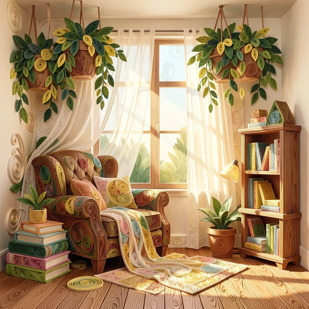 a cozy reading nook filled with hanging plants, in a sunlit studio apartment, framed with warm natural light streaming in, with soft morning light filtering through sheer curtains.