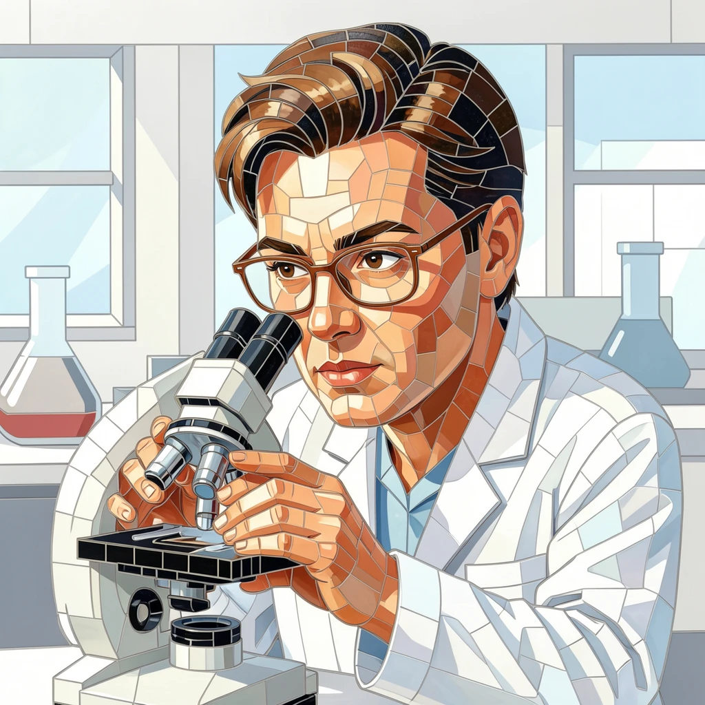 A warm, expressive portrait of a scientist peering thoughtfully through a microscope in a bright lab, with soft natural lighting and rich emotional detail.