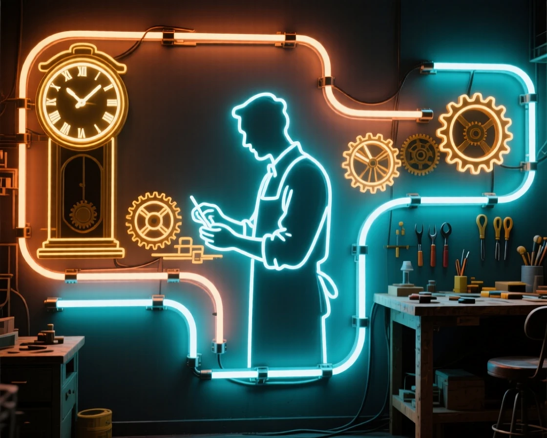 A wide shot of a clockmaker standing in the environment where they work.