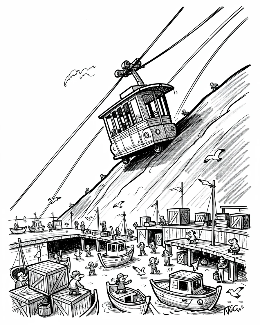 A cable car climbing a steep hill docked at a busy harbor.