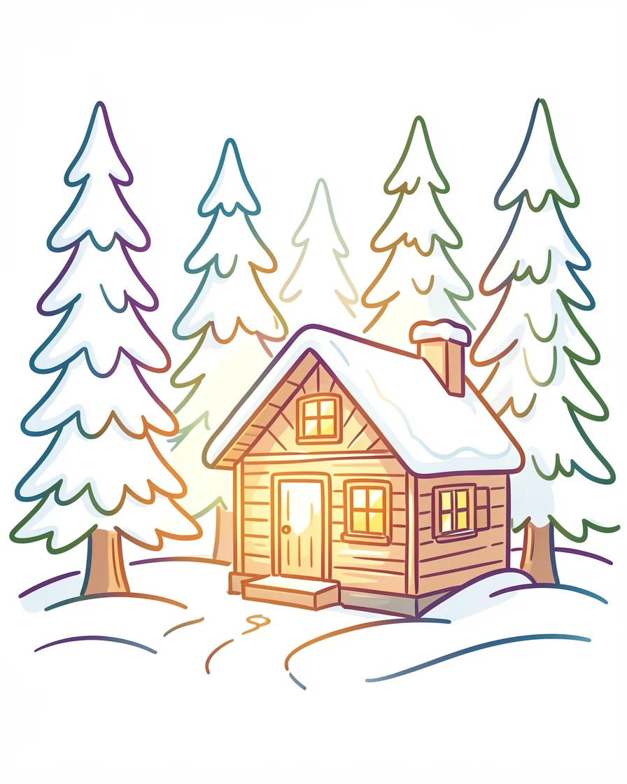 A snow-covered pine forest with a wooden cabin glowing warmly from within.