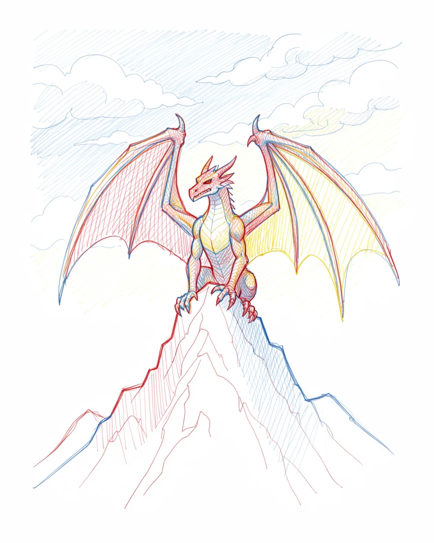A majestic dragon perched atop a mountain peak, wings spread against a stormy sky