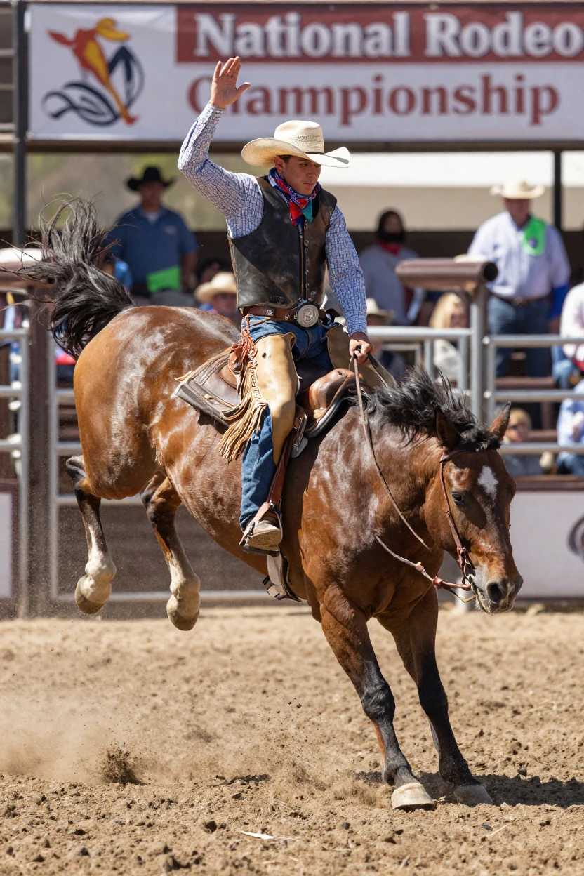 A rodeo cowboy riding a bucking bronco