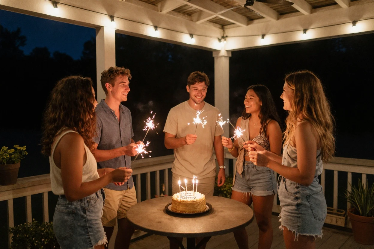 A group of friends celebrates a birthday holding sparklers in a circle around a cake on a back porch at night.
