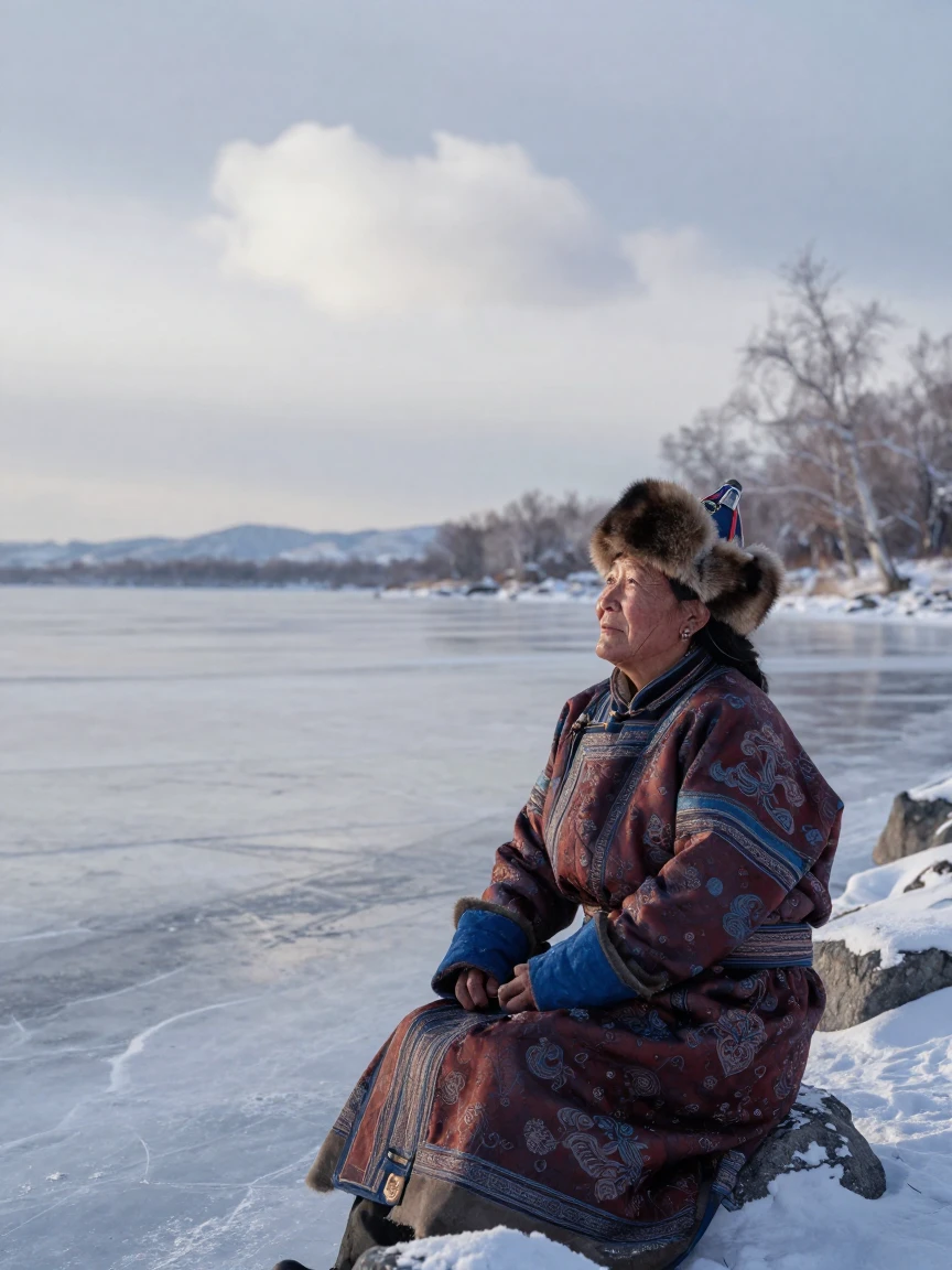 A retired Mongolian woman watching the clouds drift slowly by beside a frozen lake in winter
