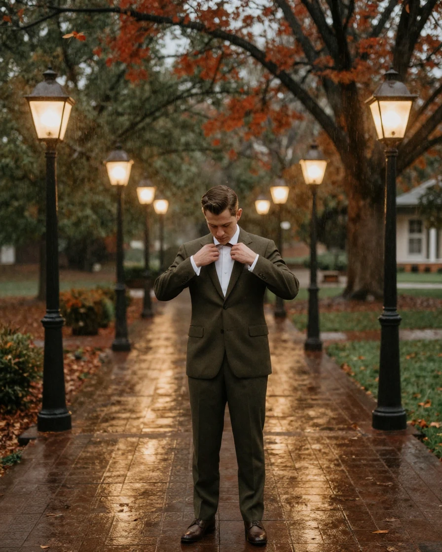 A groom straightening his jacket before an outdoor ceremony, in low lamplight, under a light drizzle, as summer fades into fall, with muted olive and rust colors, framed symmetrically down a long corridor.