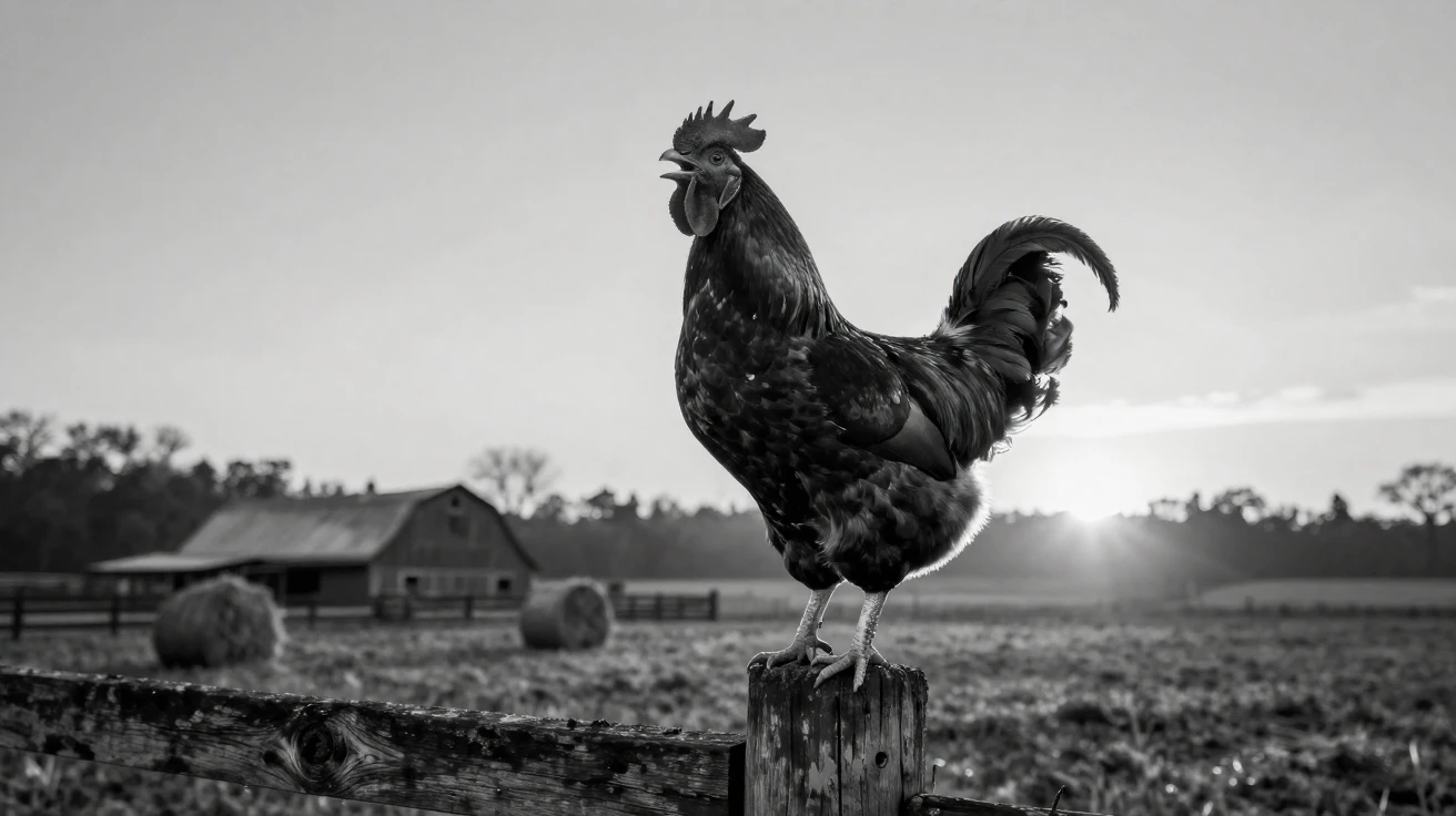 A rooster crows atop a fence post at sunrise on a rural farm.