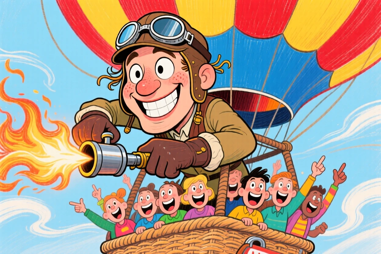 A hot air balloon pilot adjusting the burner, basket full of excited passengers below.