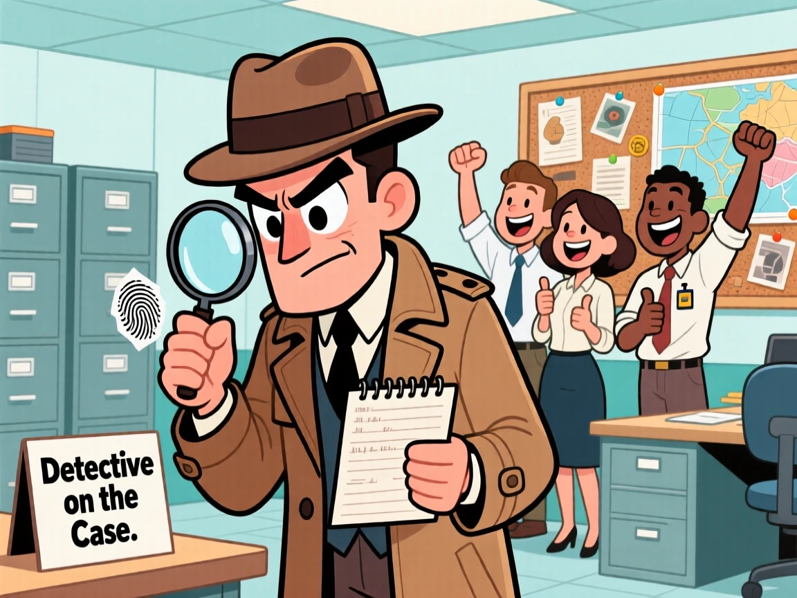 A vibrant profession-themed portrait of a sharp-eyed detective carefully double-checking every last detail, with coworkers cheering in the background.