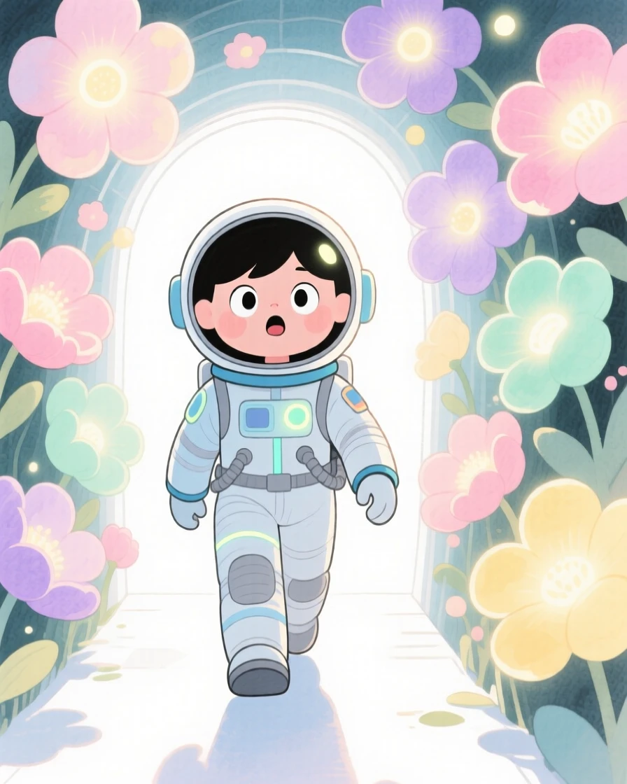 A space explorer walking through a tunnel of blooming glowing flowers
