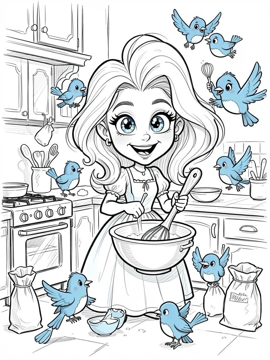 [Fantasy & Imaginative Scenarios] Imaginative fantasy scene of a fairy tale princess baking with a flock of helpful bluebirds, brimming with wonder
