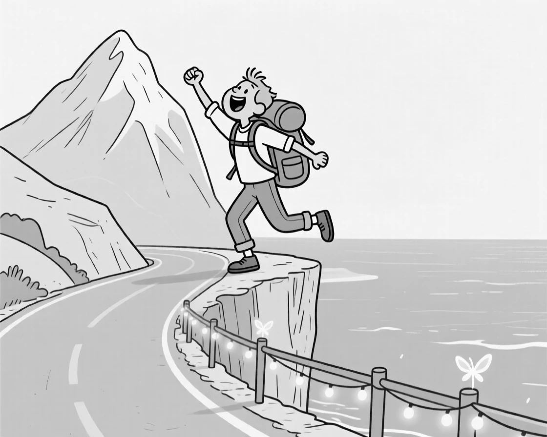 A backpacker triumphantly reaching a mountain summit, leaning back just a little too far for safety, set along a cliffside road overlooking the sea. Fairy lights twinkle along a nearby railing. The image feels like a postcard brought playfully to life.