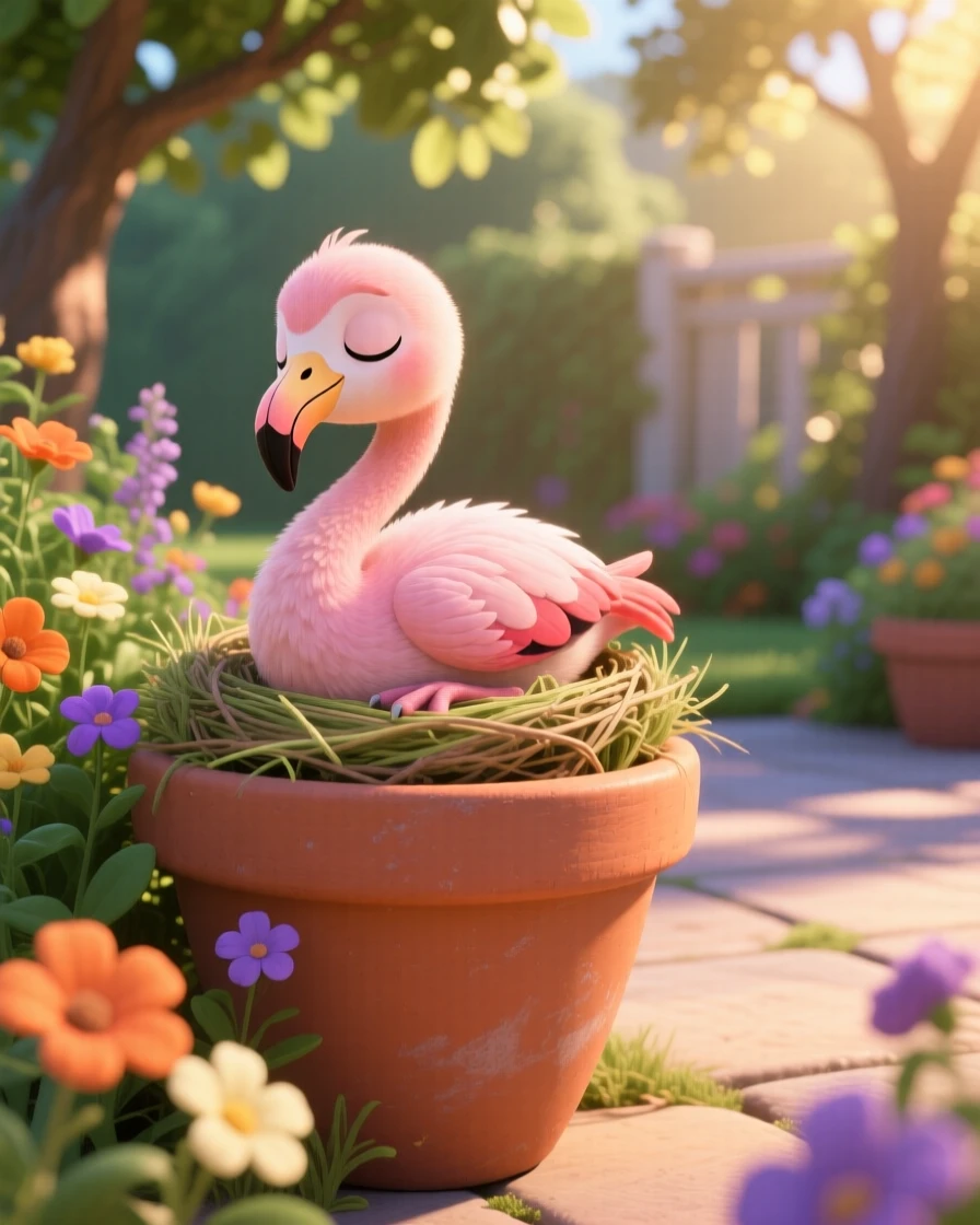 A baby flamingo is perched on the edge of a flower pot, burrowing into a cozy nest. A gentle, sleepy calm fills the moment, with a faint smile-like expression.