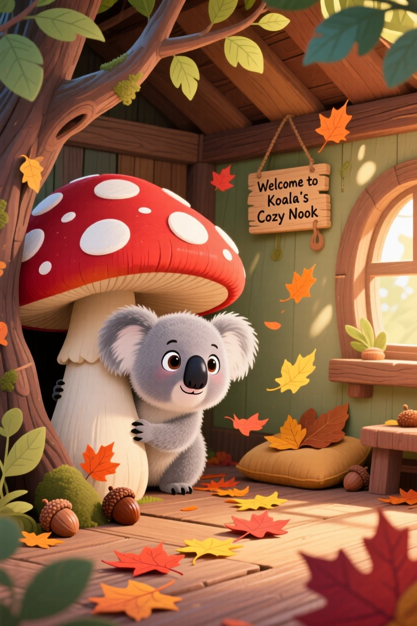 A round koala joey is peeking out from behind a mushroom in a cozy treehouse, with a trail of fallen leaves swirling around.
