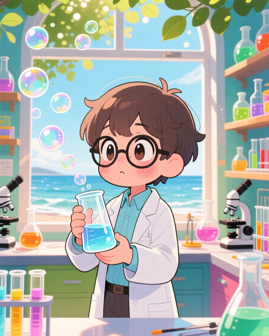 A small scientist watching bubbles rise from a beaker with wonder in a colorful laboratory on a breezy coastal afternoon; dappled sunlight through a canopy washes over the scene as shy bashfulness fills the moment. Waist-up portrait.