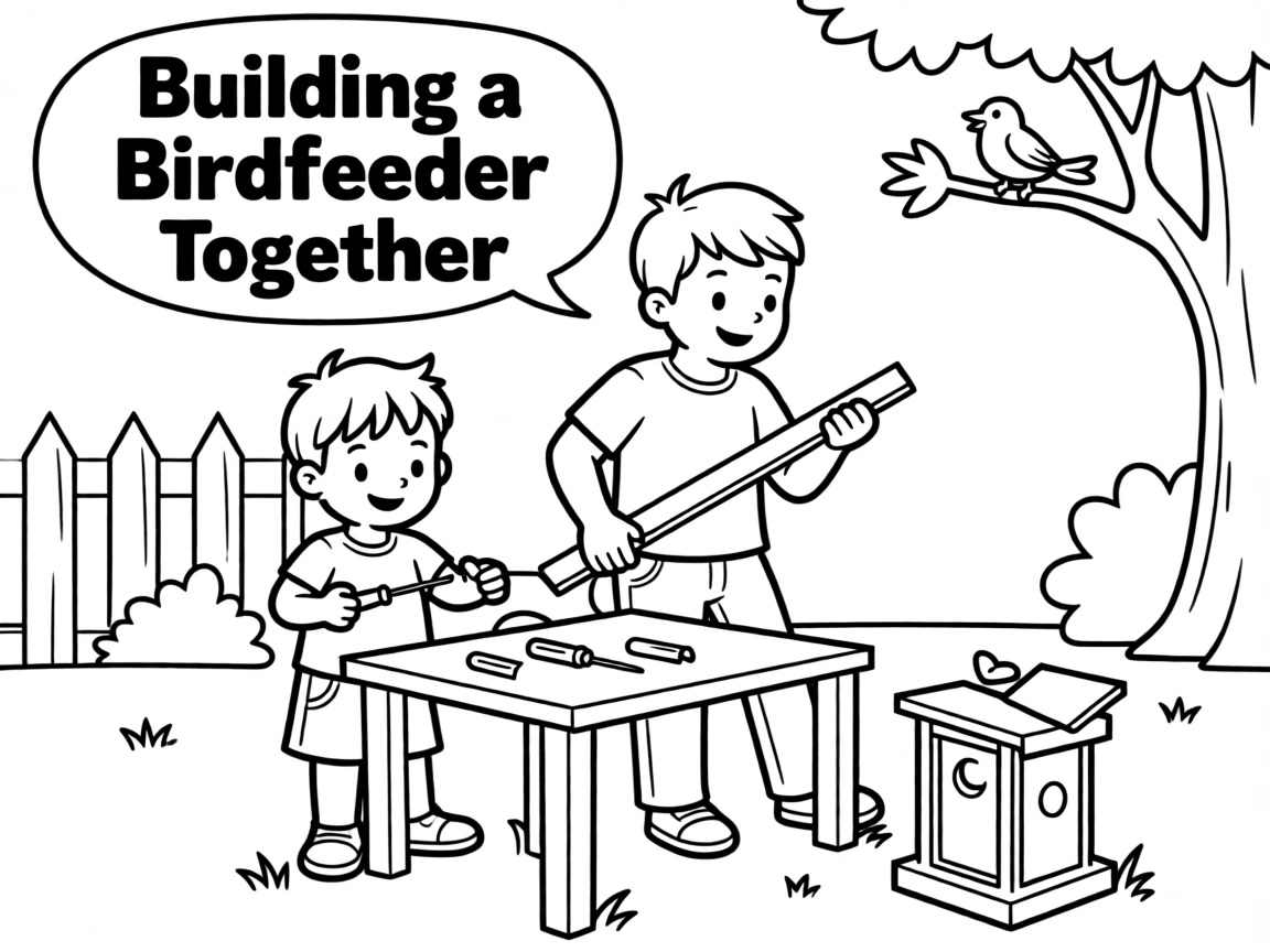 A father and son building a birdfeeder for the backyard