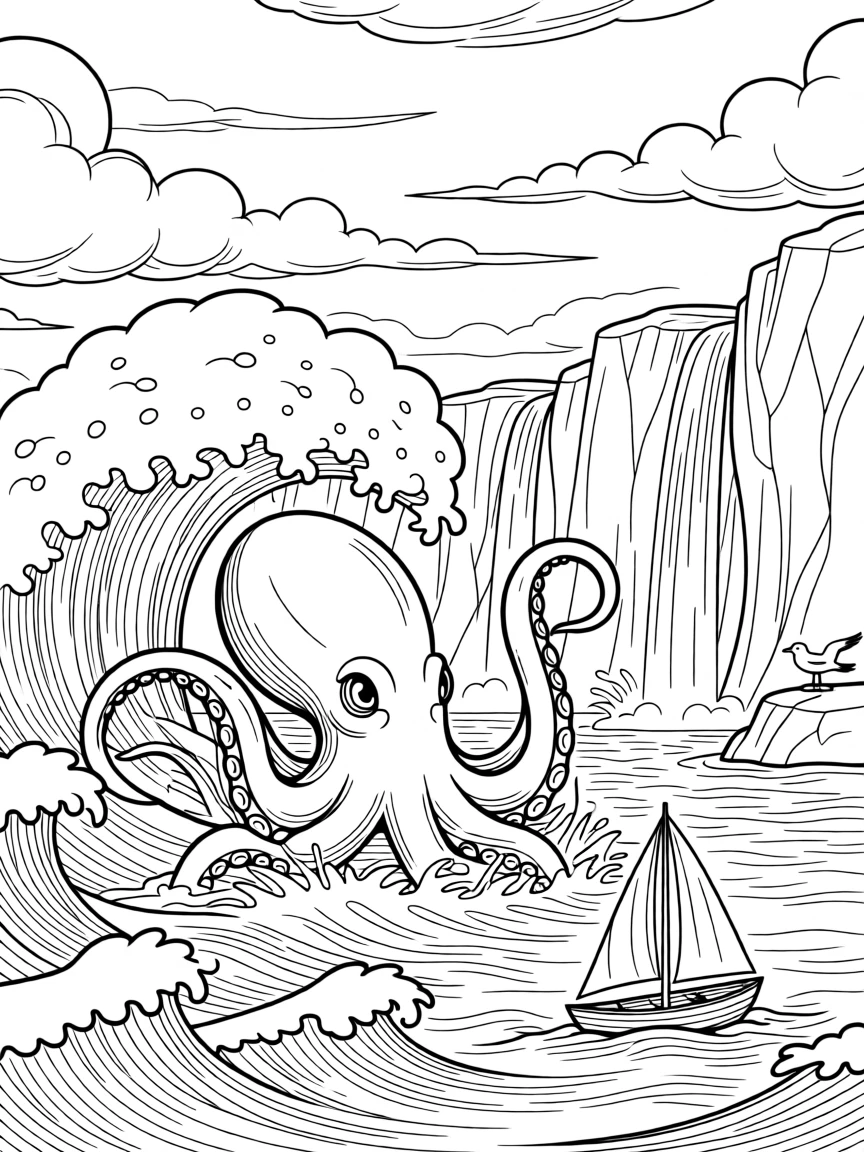 A kraken rising from stormy ocean waves, with waterfalls cascading down distant cliffs.