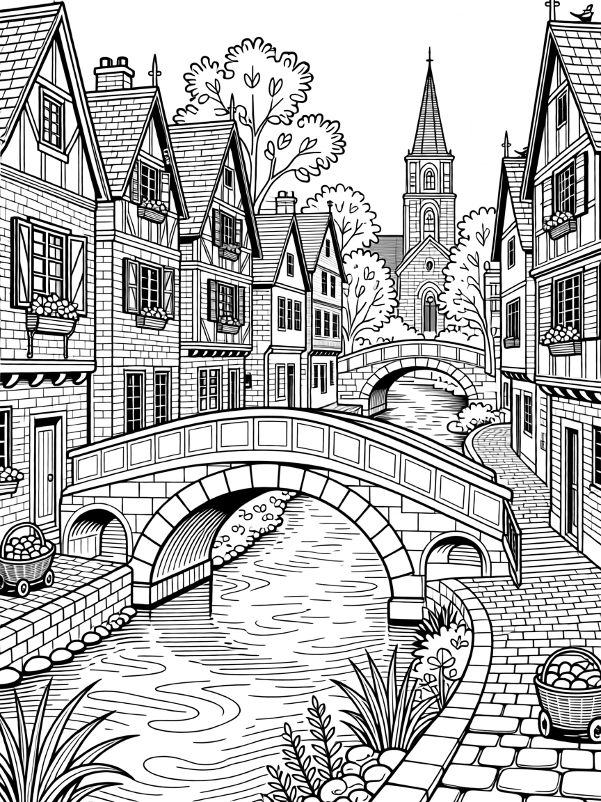 Old stone bridges spanning a winding river through a historic town.