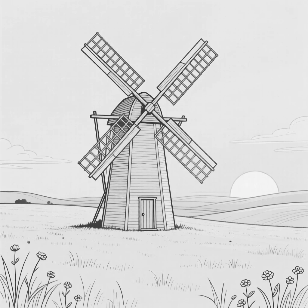 An old windmill standing alone in a field at sunset
