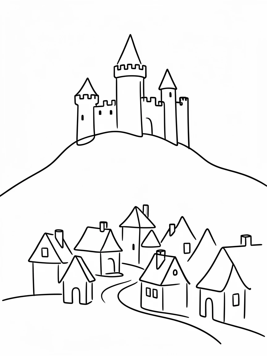 A grand stone castle perched atop a hill overlooking a medieval village