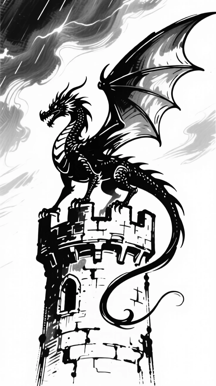 A dragon perched atop a crumbling castle tower, wings spread against a stormy sky.