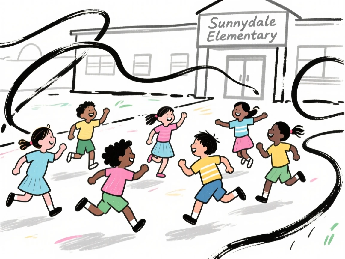 A group of children from different backgrounds playing together in a schoolyard.