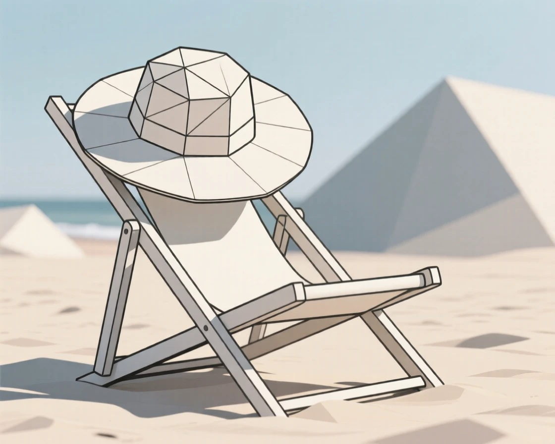 A wide-brimmed sun hat resting on a beach chair