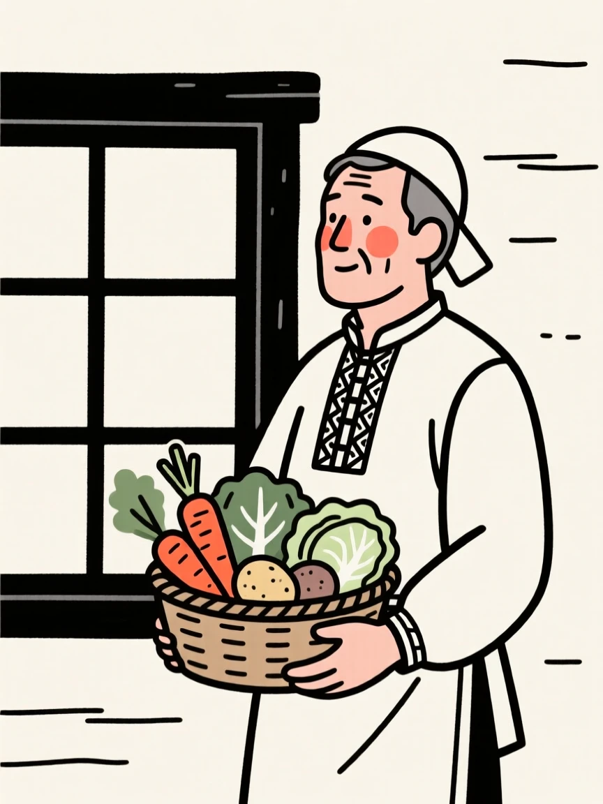 A farmer of norwegian heritage holding a basket of vegetables, glowing with nostalgia, by a rustic farmhouse window.