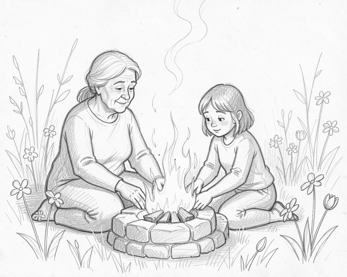 An emotional scene of grandmother and granddaughter tending a garden around a crackling fireplace, wrapped in comfortable togetherness.