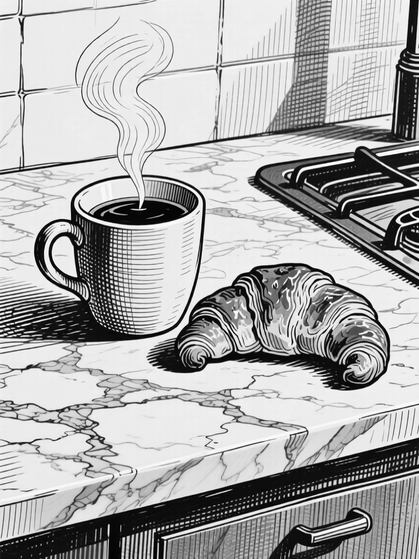 A cup of coffee beside a croissant arranged on a marble kitchen counter, with steam rising gently into the air, presented in a rustic and homely culinary still life.