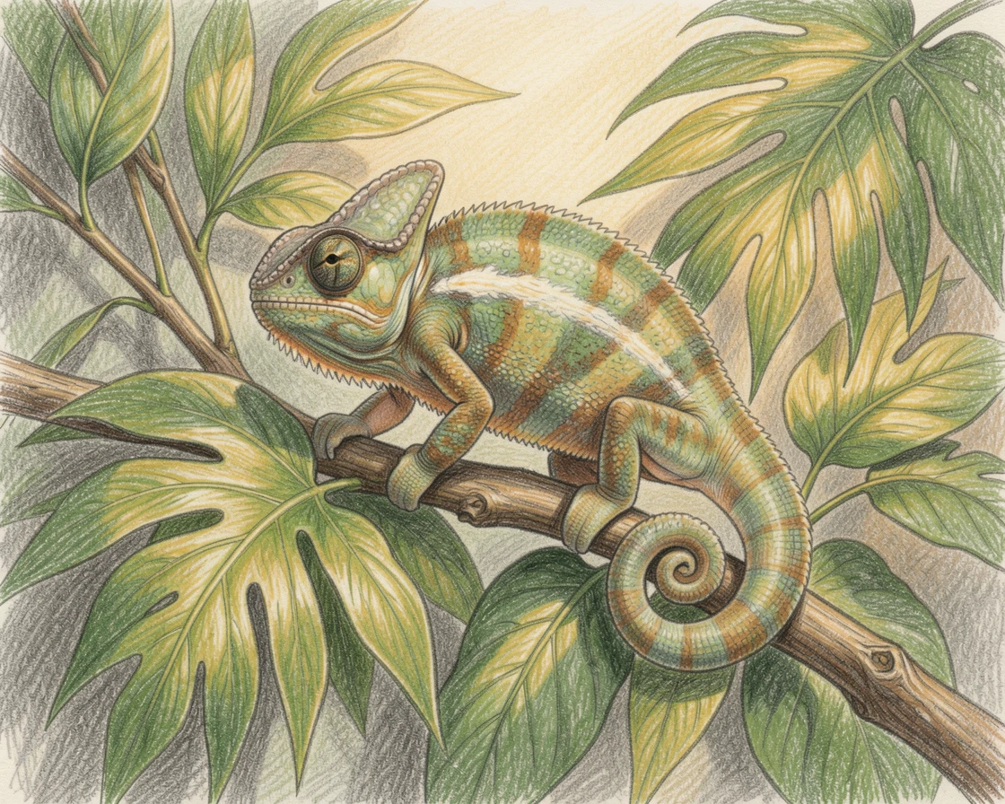 A chameleon resting on a leafy tropical branch, with a gentle play of light and shadow across the composition, evoking warmth, beauty, and a lasting sense of wonder.
