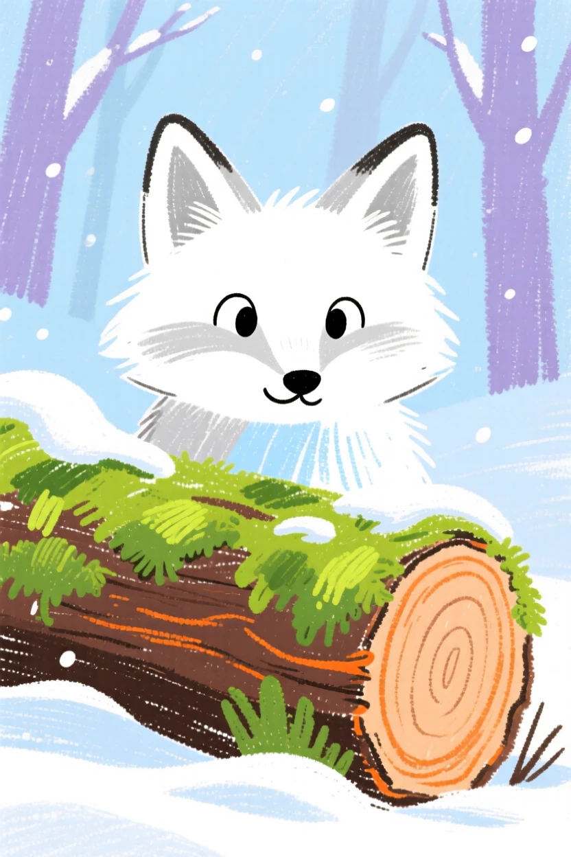 A snowy fox peeking out from behind a moss covered log.