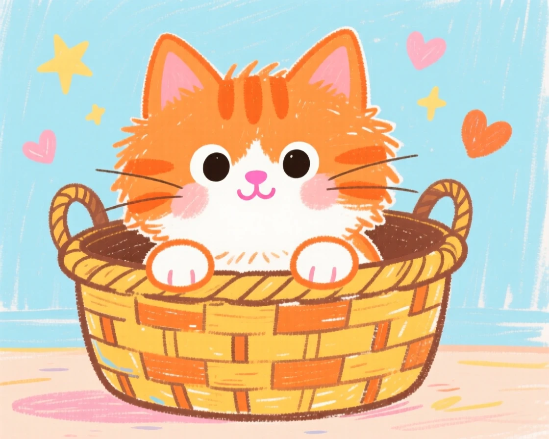 A fluffy orange kitten peeking out of a wicker basket.