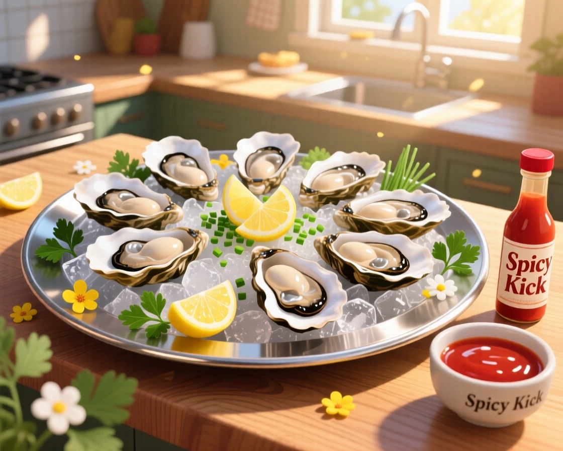 A platter of fresh oysters served on crushed ice, set within a cozy sunlit kitchen, arranged with garnishes placed for visual balance, with a joyful, celebratory feel.