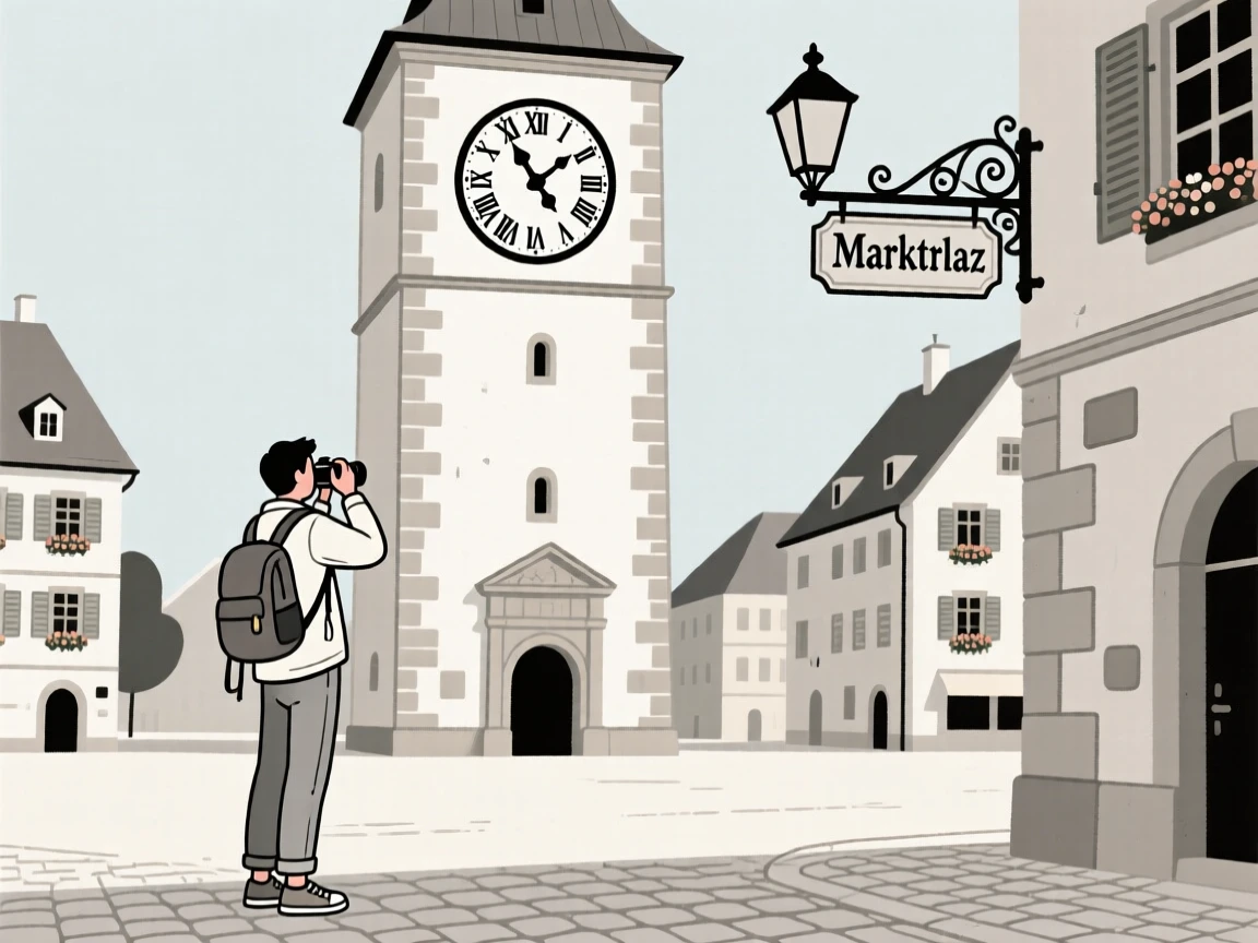 A traveler photographing a historic clock tower in a European old town square.