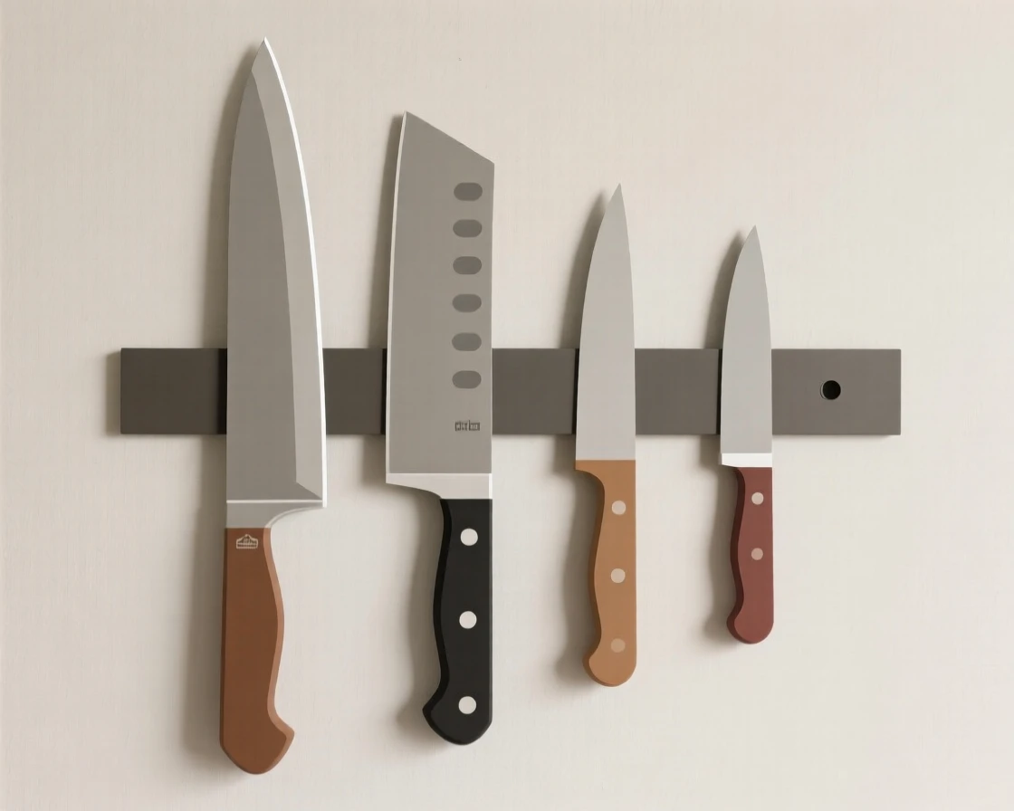 A set of kitchen knives on a magnetic strip