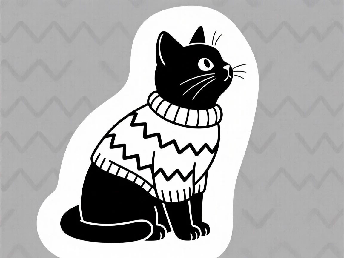 A curious kitten wearing a tiny knitted sweater.