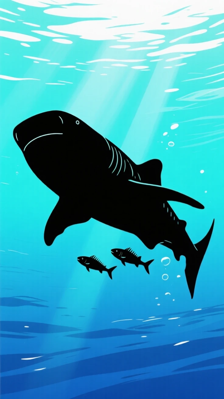 A whale shark gliding slowly through open ocean water, remoras trailing beside it.