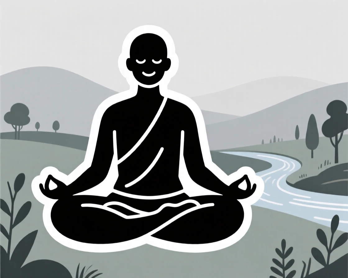 A peacefully immersed yogi in a peaceful meditation pose, with a look of quiet satisfaction, at a scenic outdoor location.