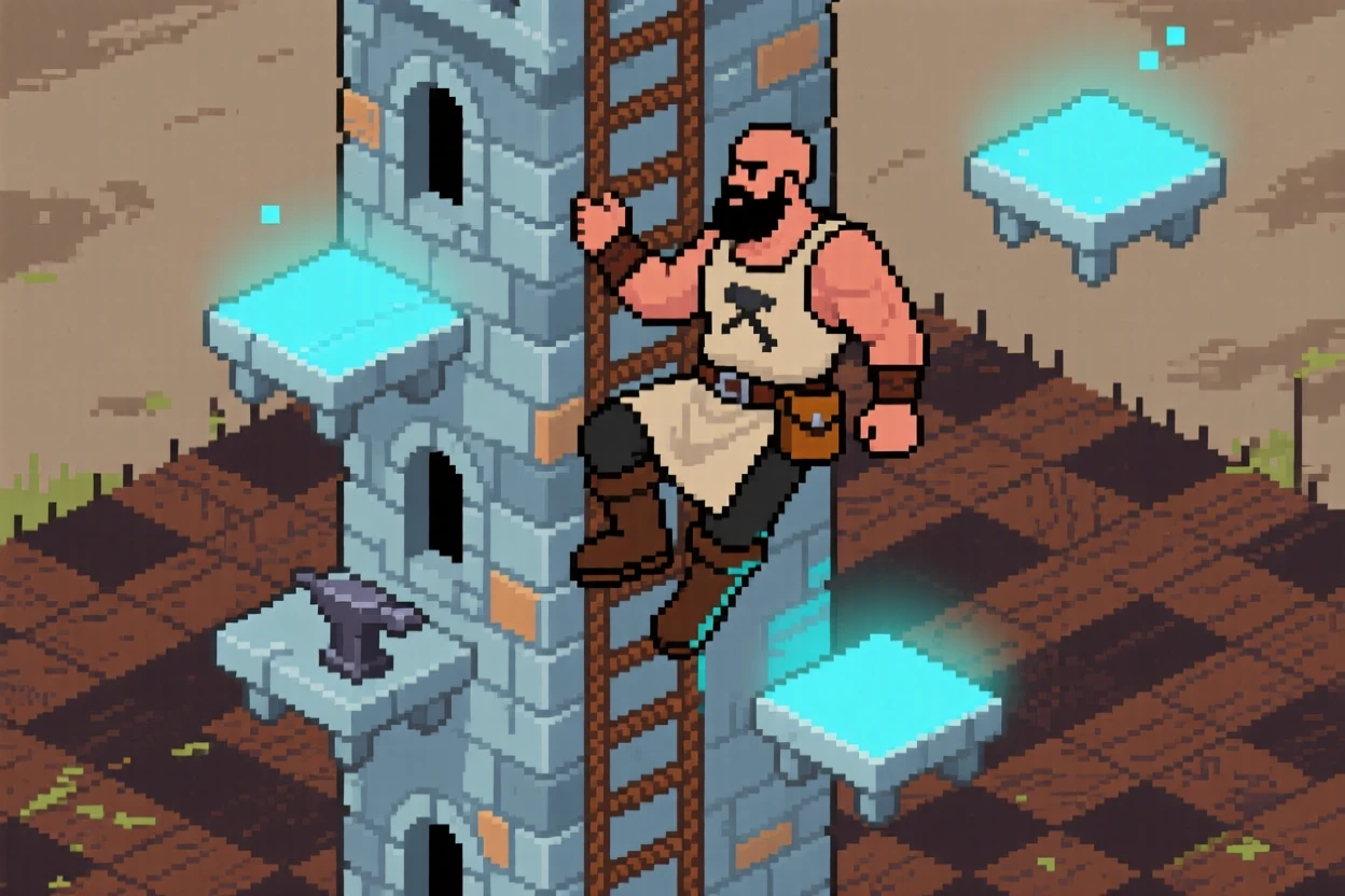 A village blacksmith climbing a tower guarded by floating platforms, on a checkerboard battlefield of tiles.
