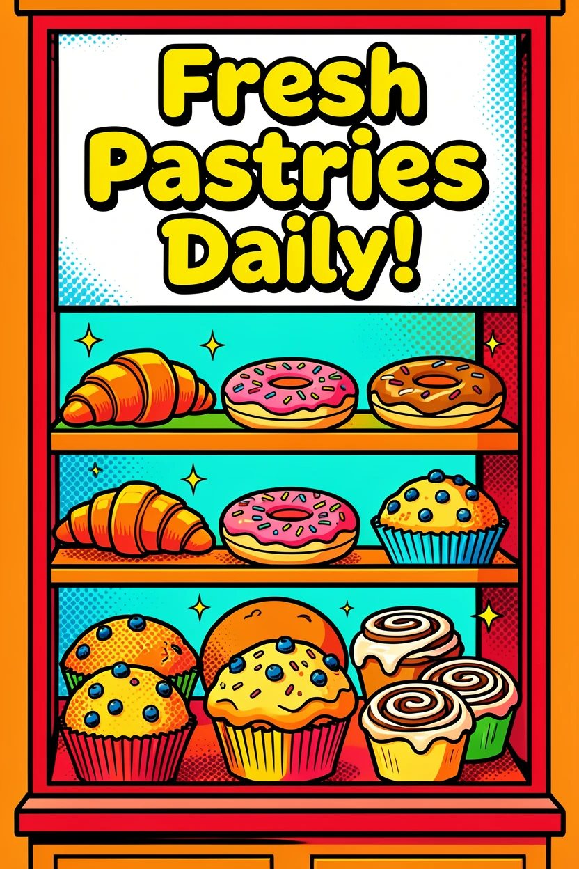 A cozy bakery window filled with fresh pastries