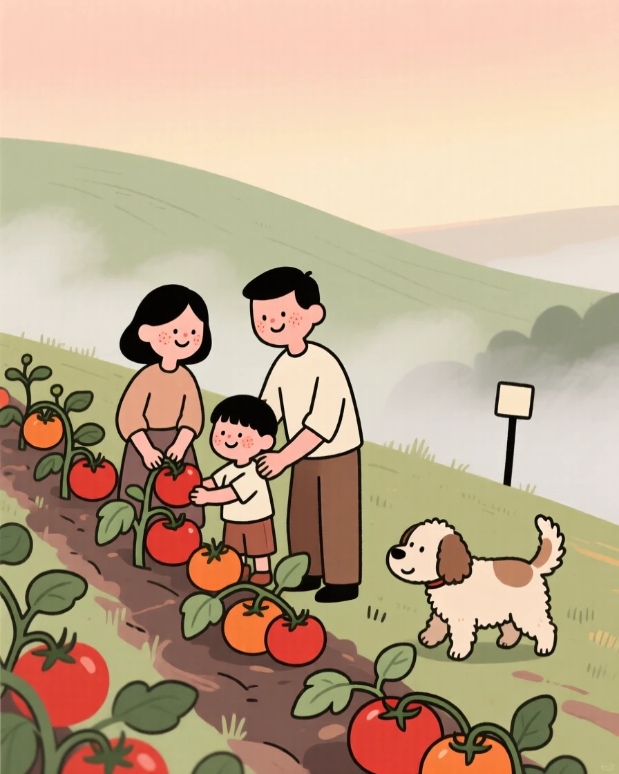 A small family tends rows of ripening tomatoes on a hillside field as a lazy farm dog wander nearby and the morning mist begins to lift.