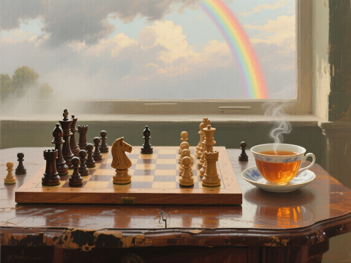 A centered composition of a wooden chessboard mid-game beside a cup of tea, at the start of a humid summer, under a rainbow after a storm.