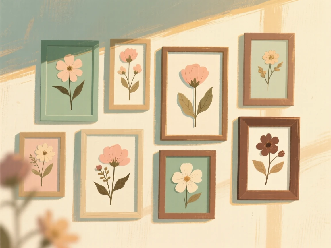 A collection of pressed flowers framed together on a wall