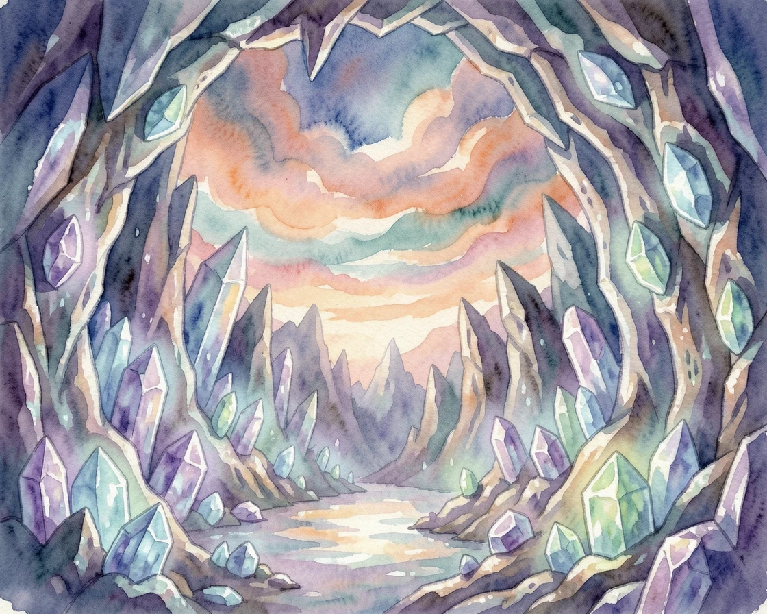 A crystal cave filled with softly glowing gems under a sky full of swirling colors.