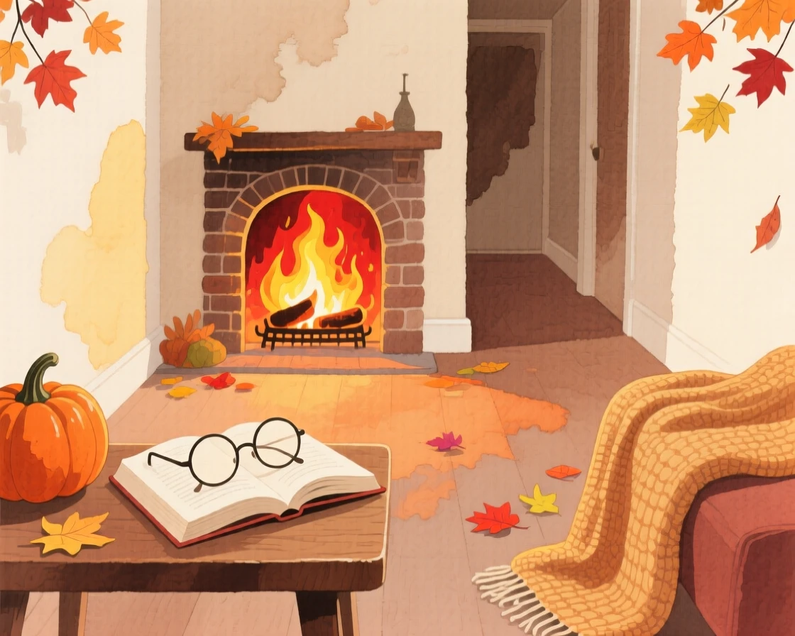 A charming view of an autumn-decorated hallway, with a fire crackling softly in the hearth, featuring a pair of reading glasses resting on an open book