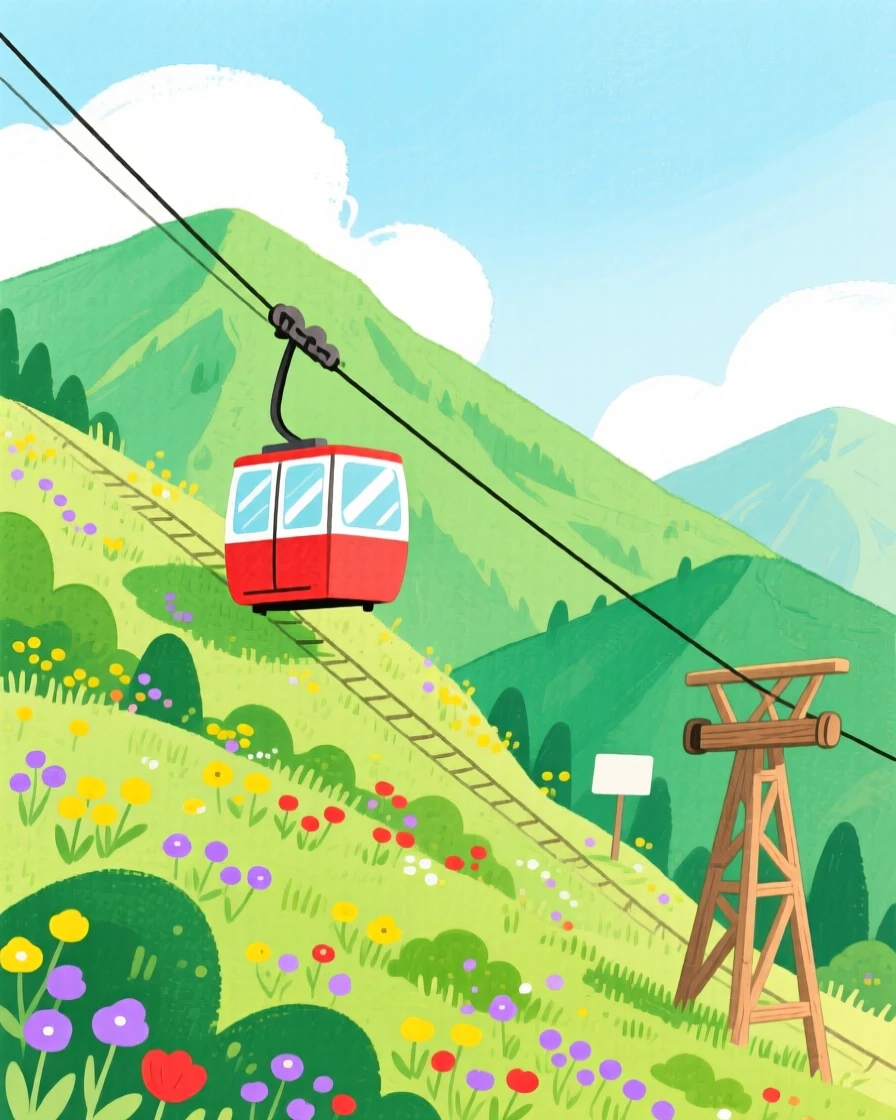 A picturesque view of a cable car climbing a green mountainside.