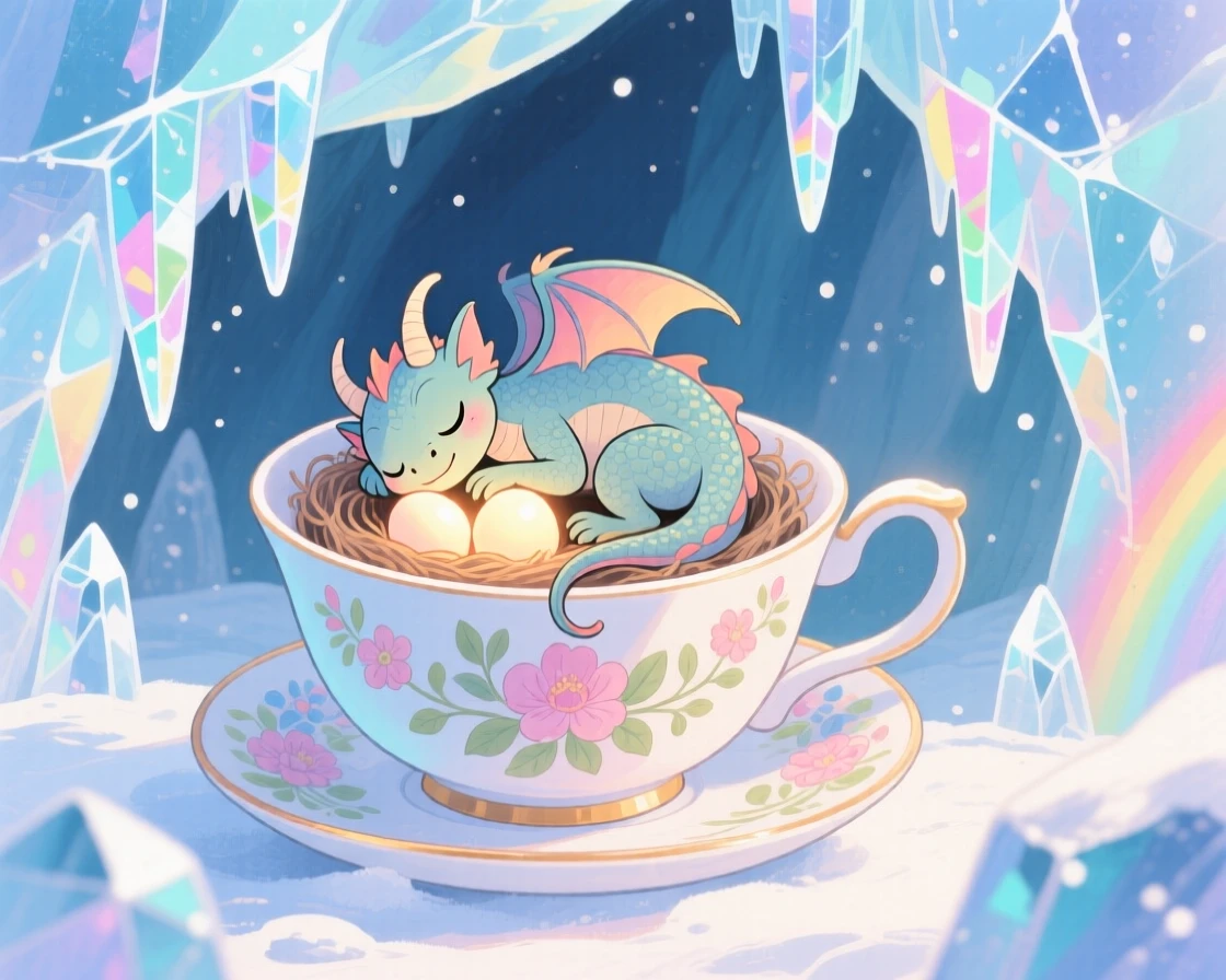 A tiny dragon curled asleep in a teacup curling protectively around a nest of glowing eggs, in a sparkling ice cave, radiating gentle magic and wonder.